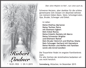Traueranzeige von Hubert Lindner von Südthüringer Presse