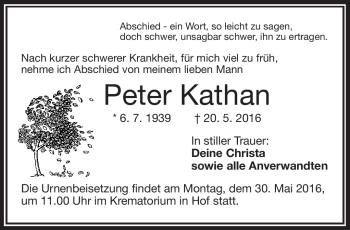 Traueranzeige von Peter Kathan von Frankenpost