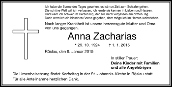 Traueranzeige von Anna Zacharias von Frankenpost