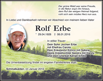 Traueranzeige von Rolf Erbe von Südthüringer Presse