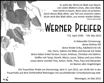 Traueranzeige von Werner Pfeifer von Südthüringer Presse
