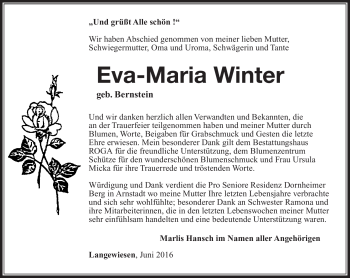 Traueranzeige von Eva-Maria Winter von Südthüringer Presse