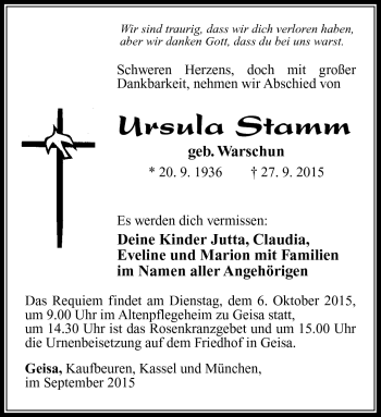 Traueranzeige von Ursula Stamm von Südthüringer Presse