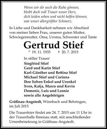 Traueranzeige von Gertrud Stief von Südthüringer Presse