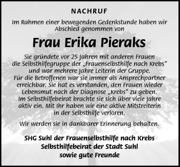 Traueranzeige von Erika Pieraks von Südthüringer Presse