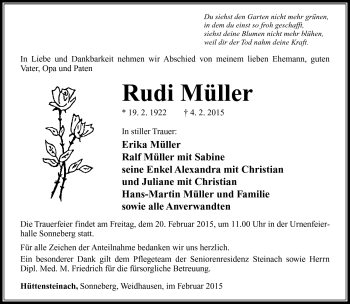 Traueranzeige von Rudi Müller von Südthüringer Presse
