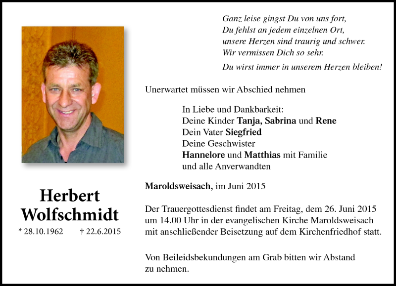  Traueranzeige für Herbert Wolfschmidt vom 25.06.2015 aus Neue Presse Coburg
