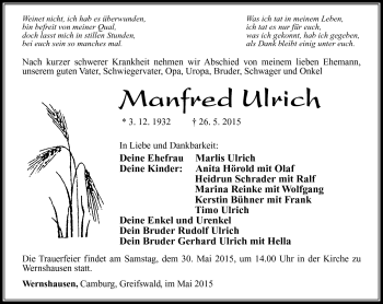 Traueranzeige von Manfred Ulrich von Südthüringer Presse