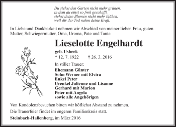 Traueranzeige von Lieselotte Engelhardt von Südthüringer Presse