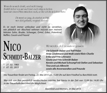 Traueranzeige von Nico Schmidt-Balzer von Südthüringer Presse