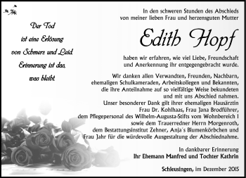 Traueranzeige von Edith Hopf von Südthüringer Presse