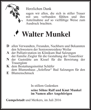 Traueranzeige von Walter Munkel von Südthüringer Presse