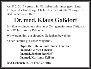 Traueranzeige von Klaus Gaßdorf von Südthüringer Presse
