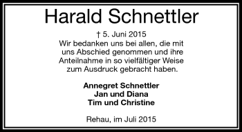 Traueranzeige von Harald Schnettler von Frankenpost