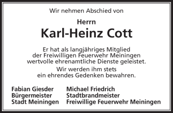 Traueranzeige von Karl-Heinz Cott von Südthüringer Presse