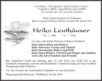 Traueranzeige von Heiko Leuthäuser von Südthüringer Presse