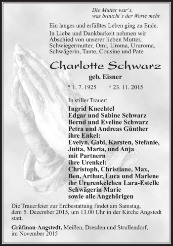 Traueranzeige von Charlotte Schwarz von Südthüringer Presse
