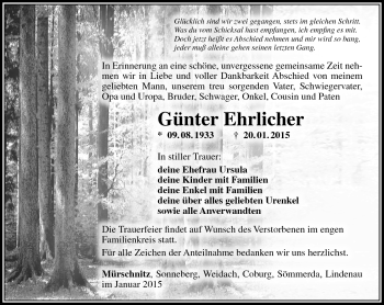Traueranzeige von Günter Ehrlicher von Südthüringer Presse