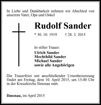 Traueranzeige von Rudolf Sander von Südthüringer Presse