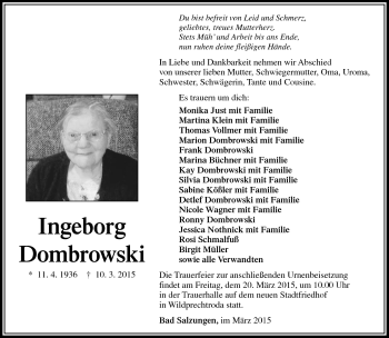 Traueranzeige von Ingeborg Dombrowski von Südthüringer Presse