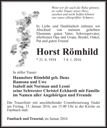 Traueranzeige von Horst Römhild von Südthüringer Presse