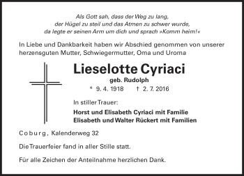 Traueranzeige von Lieselotte Cyriaci von Neue Presse Coburg
