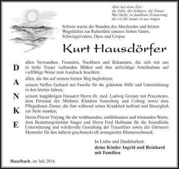 Traueranzeige von Kurt Hausdörfer von Südthüringer Presse