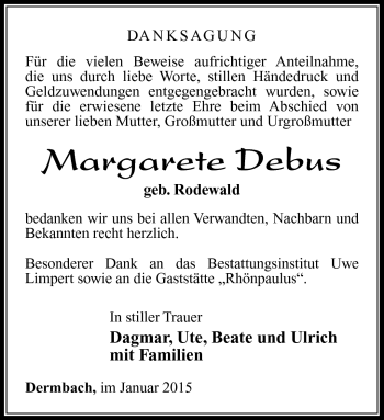 Traueranzeige von Margarete Debus von Südthüringer Presse