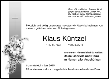 Traueranzeige von Klaus Küntzel von Neue Presse Coburg