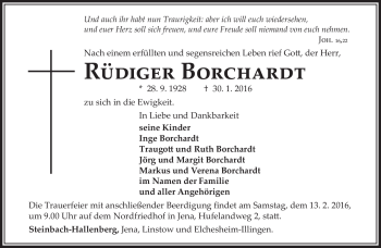 Traueranzeige von Inge Borchardt von Südthüringer Presse