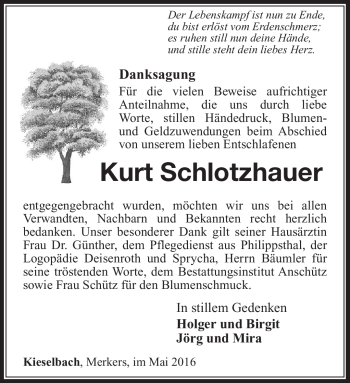 Traueranzeige von Kurt Schlotzhauer von Südthüringer Presse