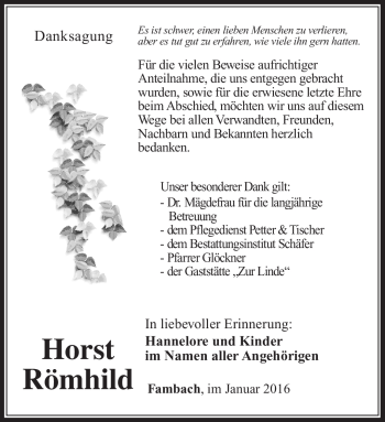 Traueranzeige von Horst Römhild von Südthüringer Presse