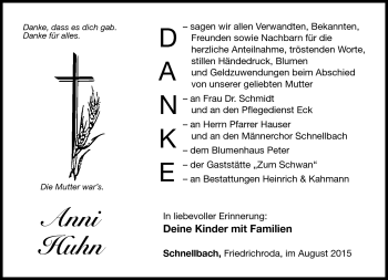 Traueranzeige von Anni Huhn von Südthüringer Presse