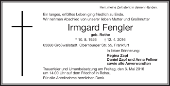 Traueranzeige von Irmgard Fengler von Frankenpost