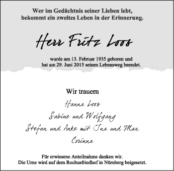 Traueranzeige von Fritz Loos von Frankenpost