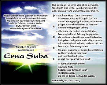 Traueranzeige von Erna Sube von Südthüringer Presse