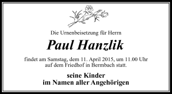 Traueranzeige von Paul Hanzlik von Südthüringer Presse