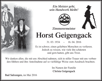 Traueranzeige von Horst Geigensack von Südthüringer Presse