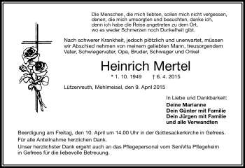 Traueranzeige von Heinrich Mertel von Frankenpost