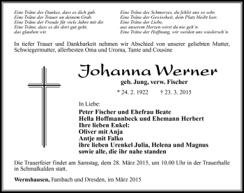 Traueranzeige von Johanna Werner von Südthüringer Presse