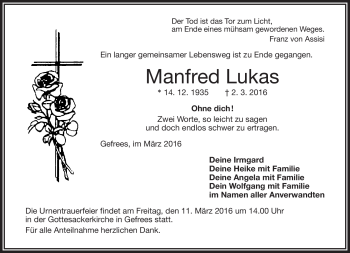 Traueranzeige von Manfred Lukas von Frankenpost