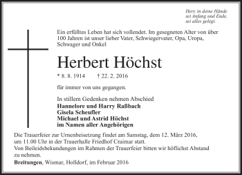 Traueranzeige von Herbert Höchst von Südthüringer Presse