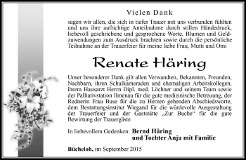 Traueranzeige von Renate Häring von Südthüringer Presse