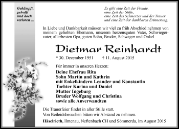 Traueranzeige von Dietmar Reinhardt von Südthüringer Presse