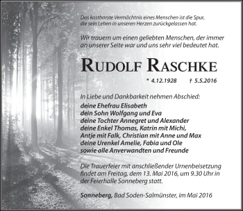 Traueranzeige von Rudolf Raschke von Südthüringer Presse