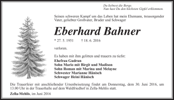 Traueranzeige von Eberhard BAhner von Südthüringer Presse