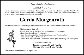 Traueranzeige von Gerda Morgenroth von Südthüringer Presse