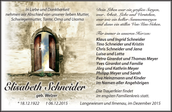 Traueranzeige von Elisabeth Schneider von Südthüringer Presse