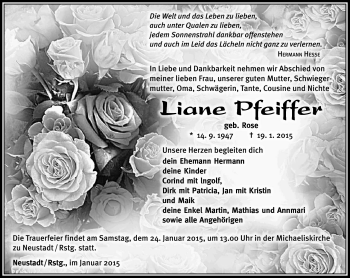 Traueranzeige von Liane Pfeiffer von Südthüringer Presse