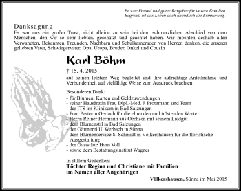 Traueranzeige von Karl Böhm von Südthüringer Presse